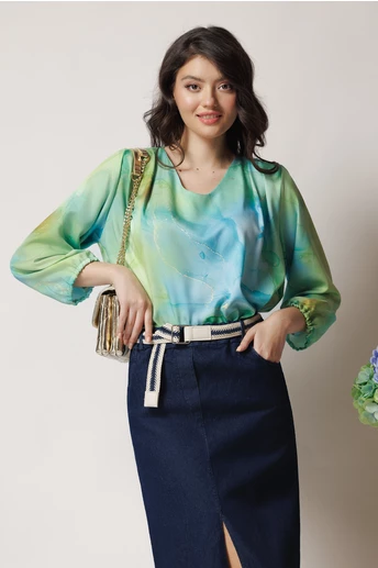 Bluza vaporoasa din viscoza bleu cu imprimeuri verzei