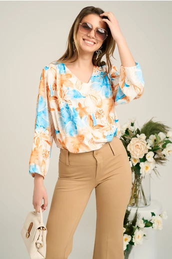 Bluza vaporoasa din viscoza ivory cu imprimeu orange