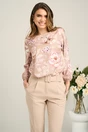 Bluza vaporoasa din viscoza maro cu imprimeu floral roz