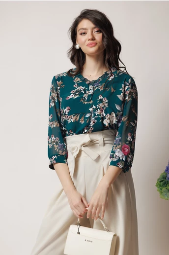 Bluza vaporoasa din viscoza verde cu imprimeuri florale fucsia