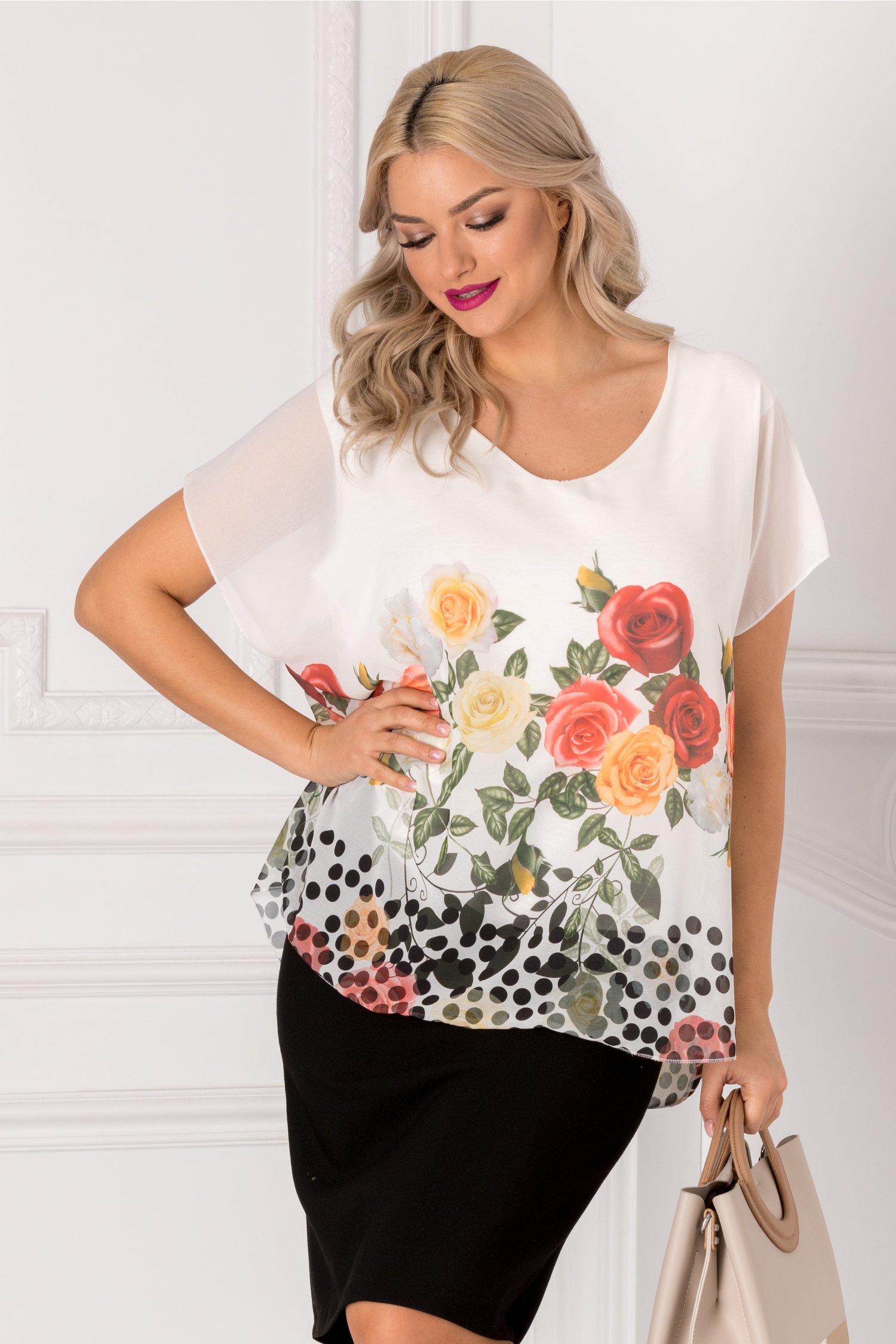 Bluza Vivi alba cu trandafiri colorati
