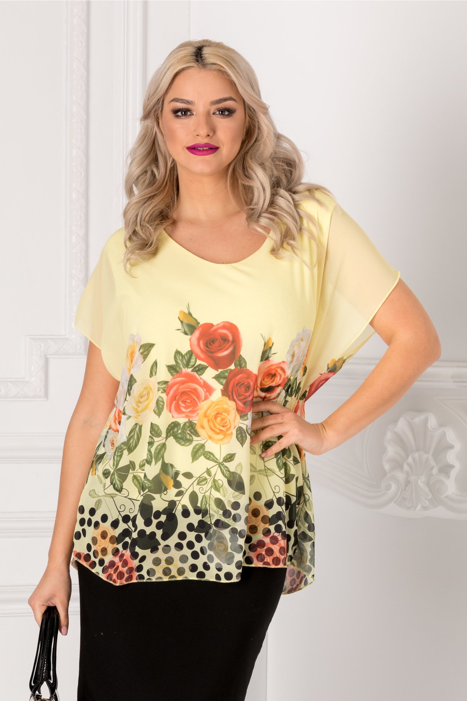 Bluza Vivi galbena cu trandafiri colorati