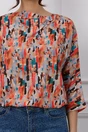 Bluza Zora orange cu imprimeuri gri si aplicatie tip nod la decolteu