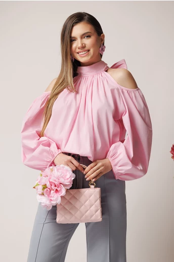 Camasa casual din bumbac roz cu funda si umerii goi