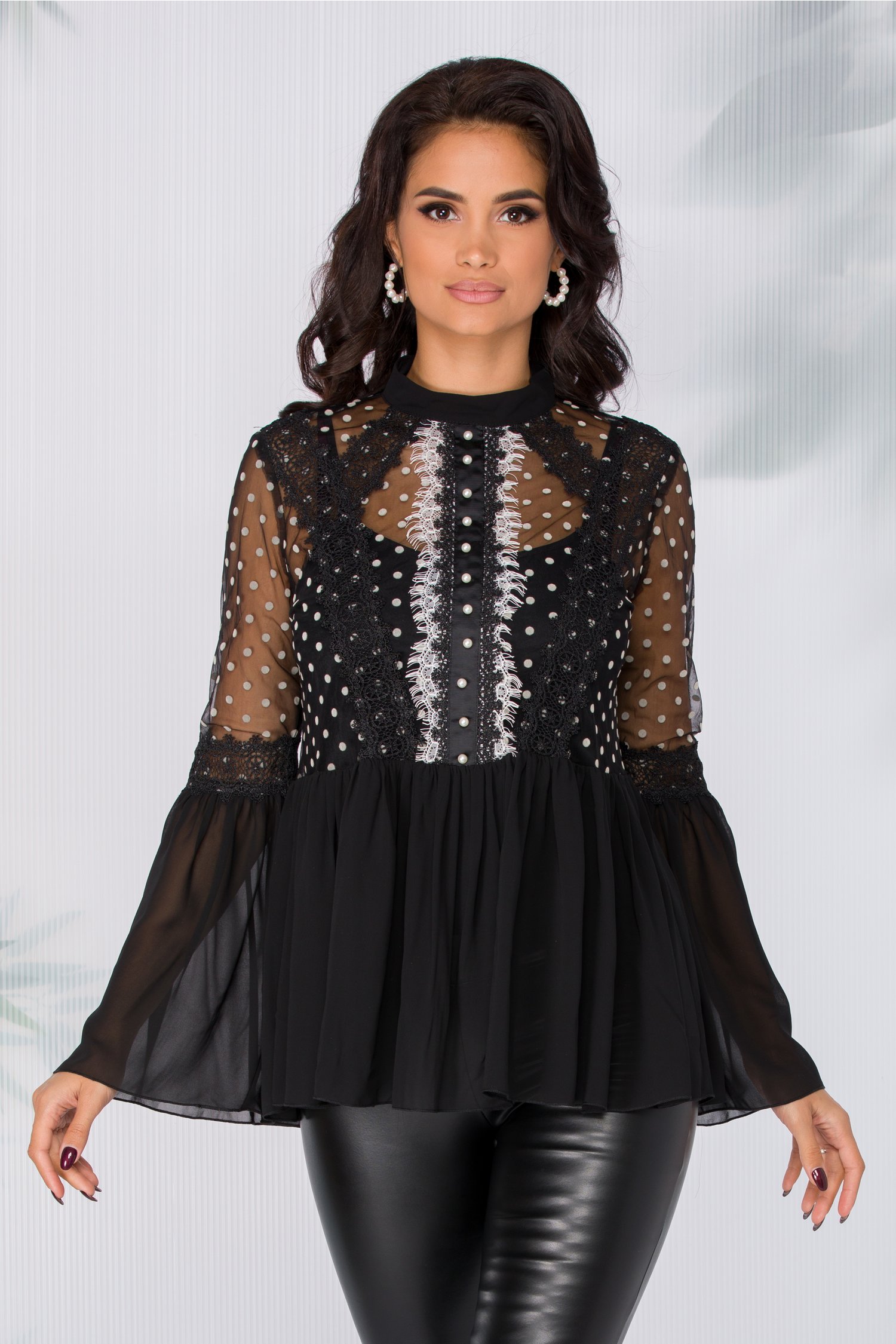 Camasa LaDonna neagra cu buline catifelate si volanas la baza