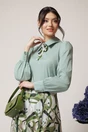 Camasa DY Fashion office din poplin verde cu fundita din voal cu imprimeu