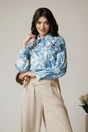 Camasa office din satin ivory cu imprimeuri albastre si floare maxi, 1, dyfashion.ro