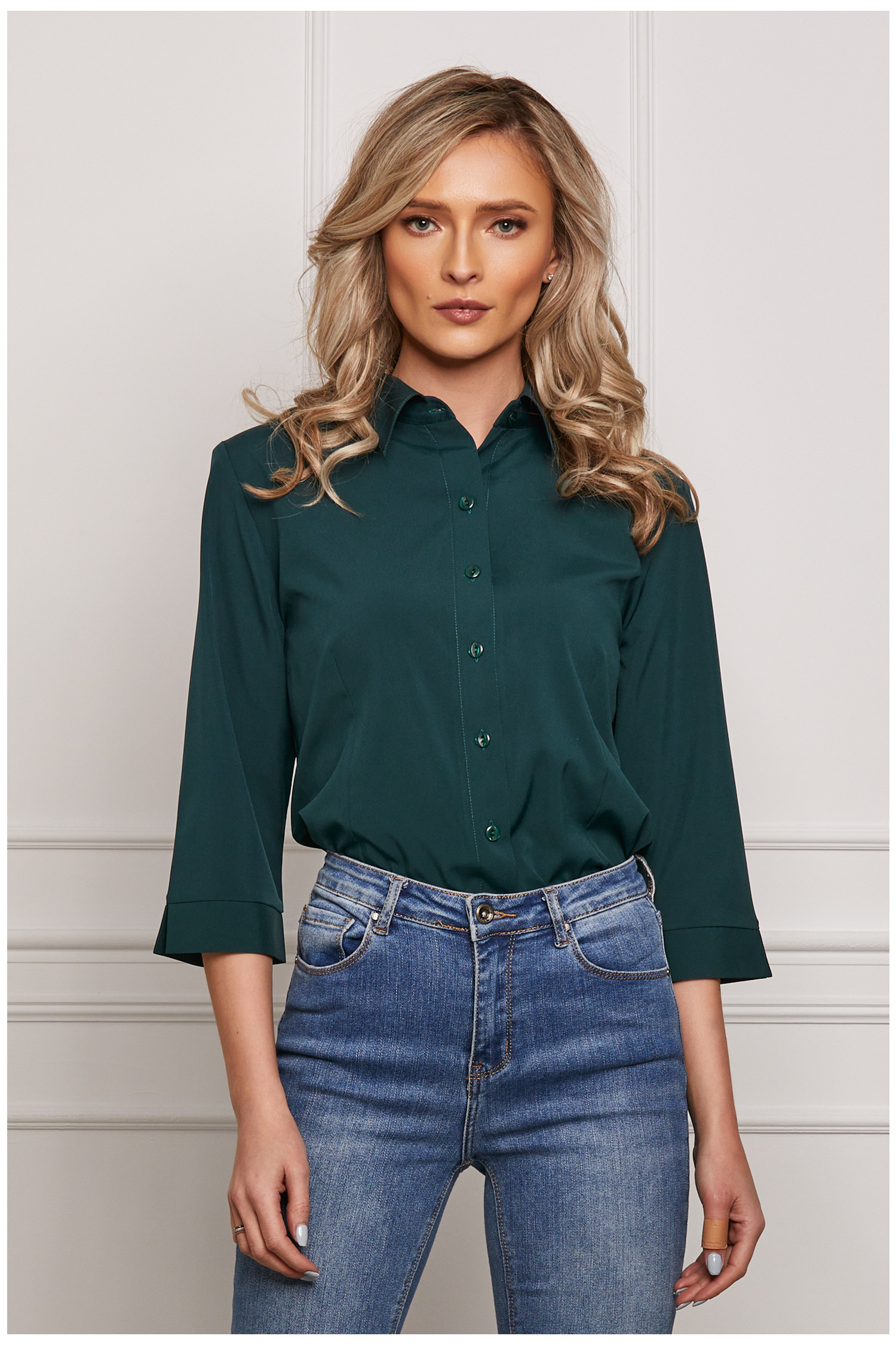 Camasa Simina verde inchis cu maneci trei sferturi Bluze
