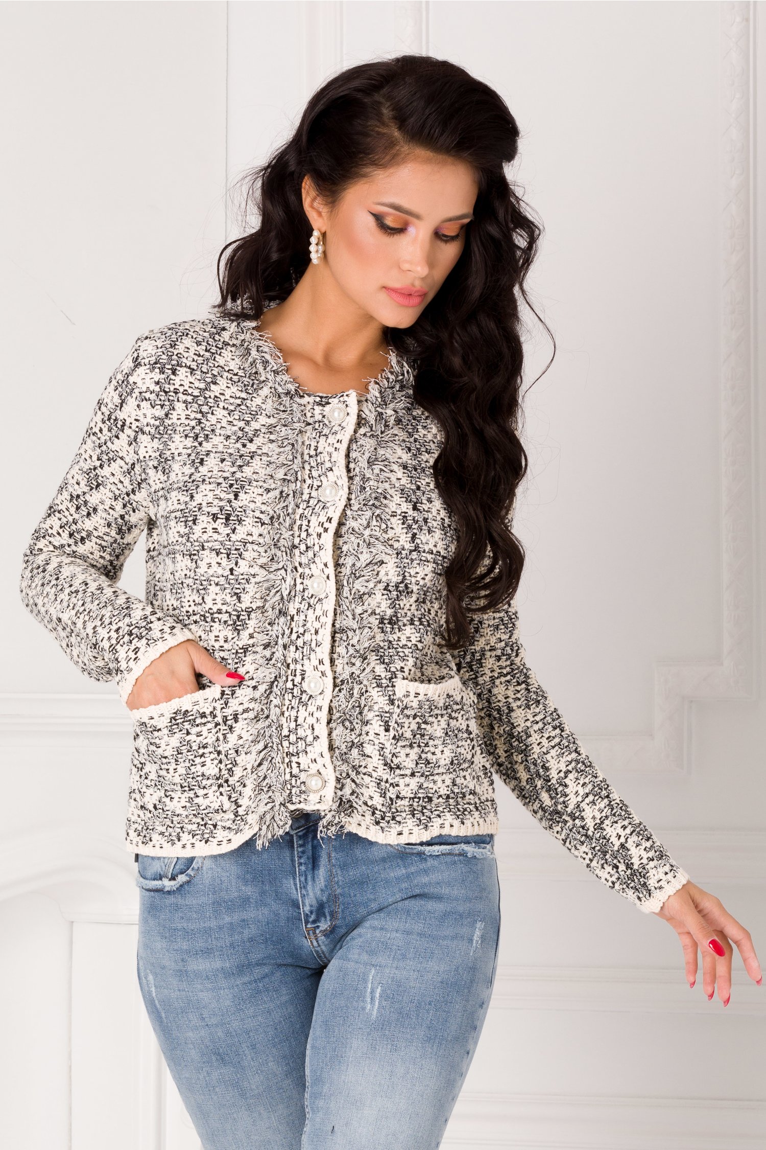 Cardigan Marilena scurt ivory cu inserti