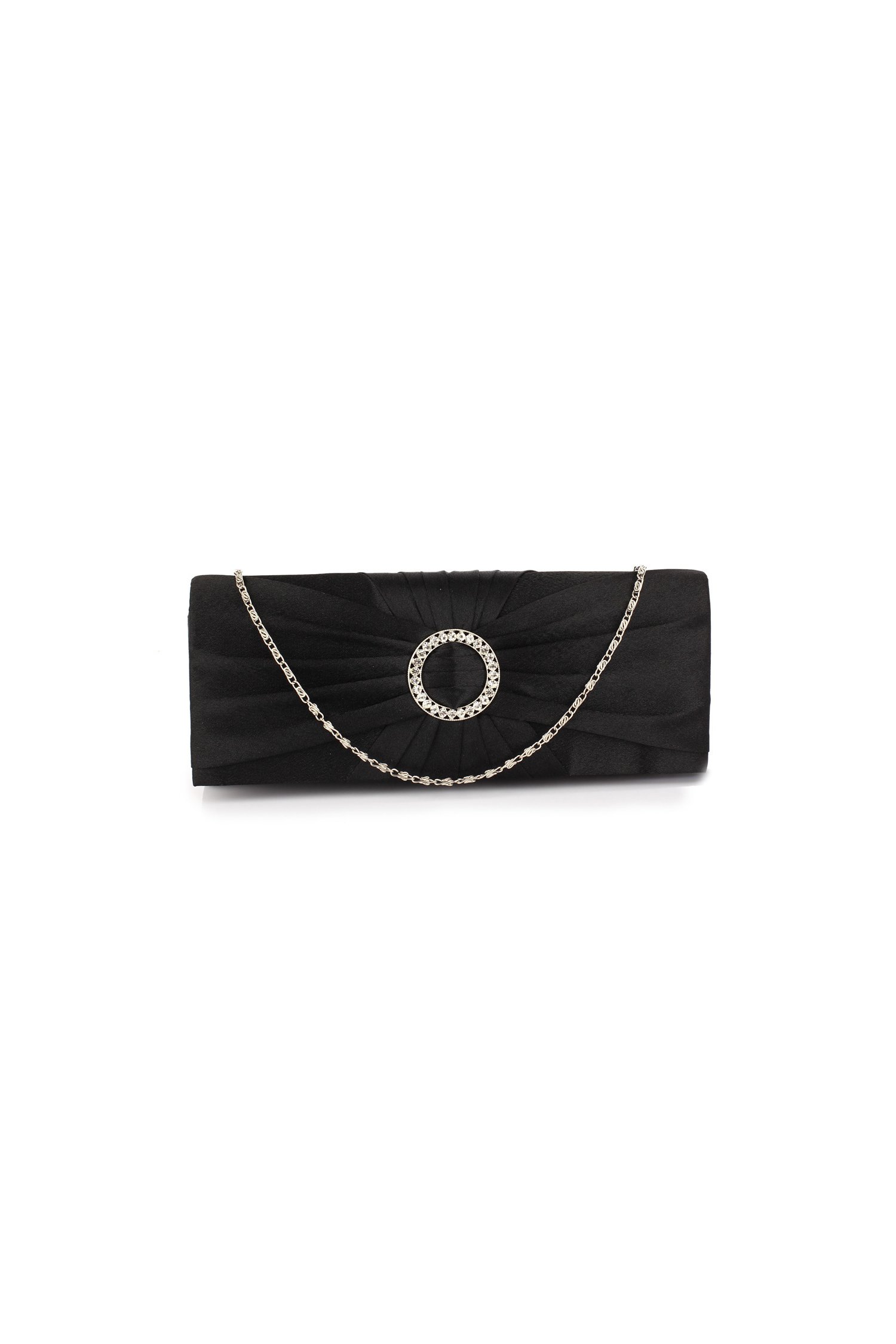 Clutch frilly negru accesorizat cu detaliu argintiu cu strasuri