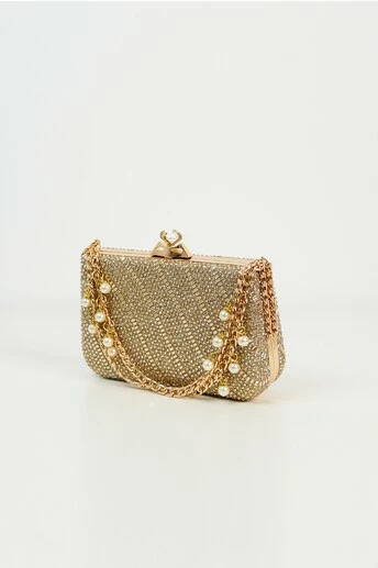 Clutch Miruna auriu din strasuri cu inchizatoare diamant