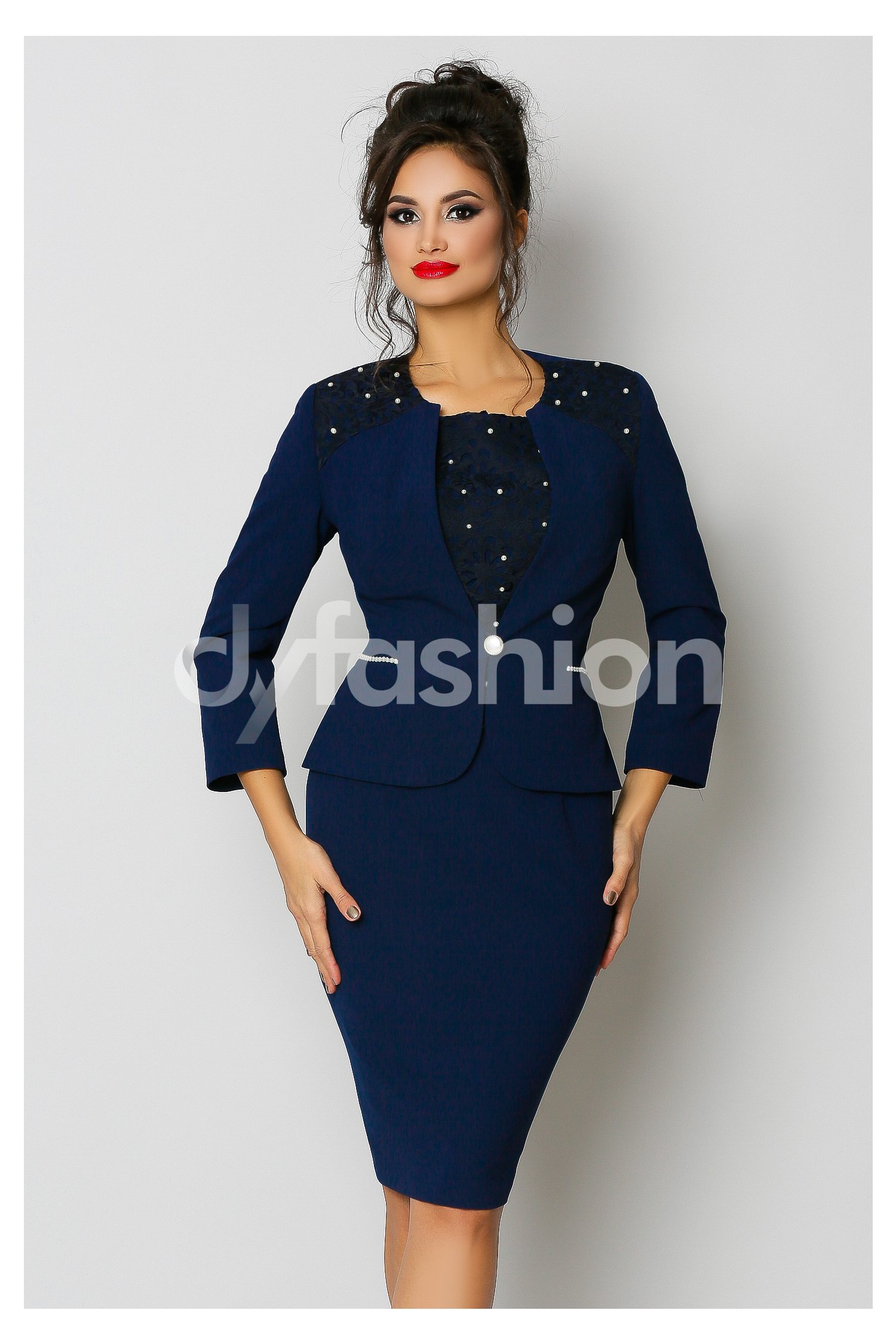 Compleu Bleumarin Rochie Sacou cu Broderie