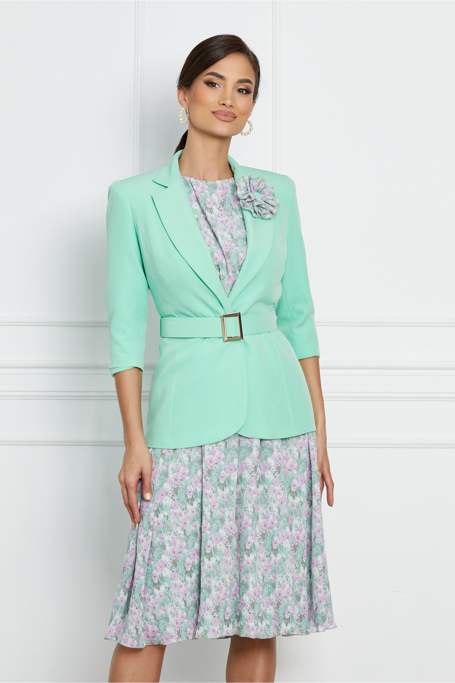 Poze Compleu Dy Fashion verde mint cu sacou si rochie cu flori dyfashion.ro