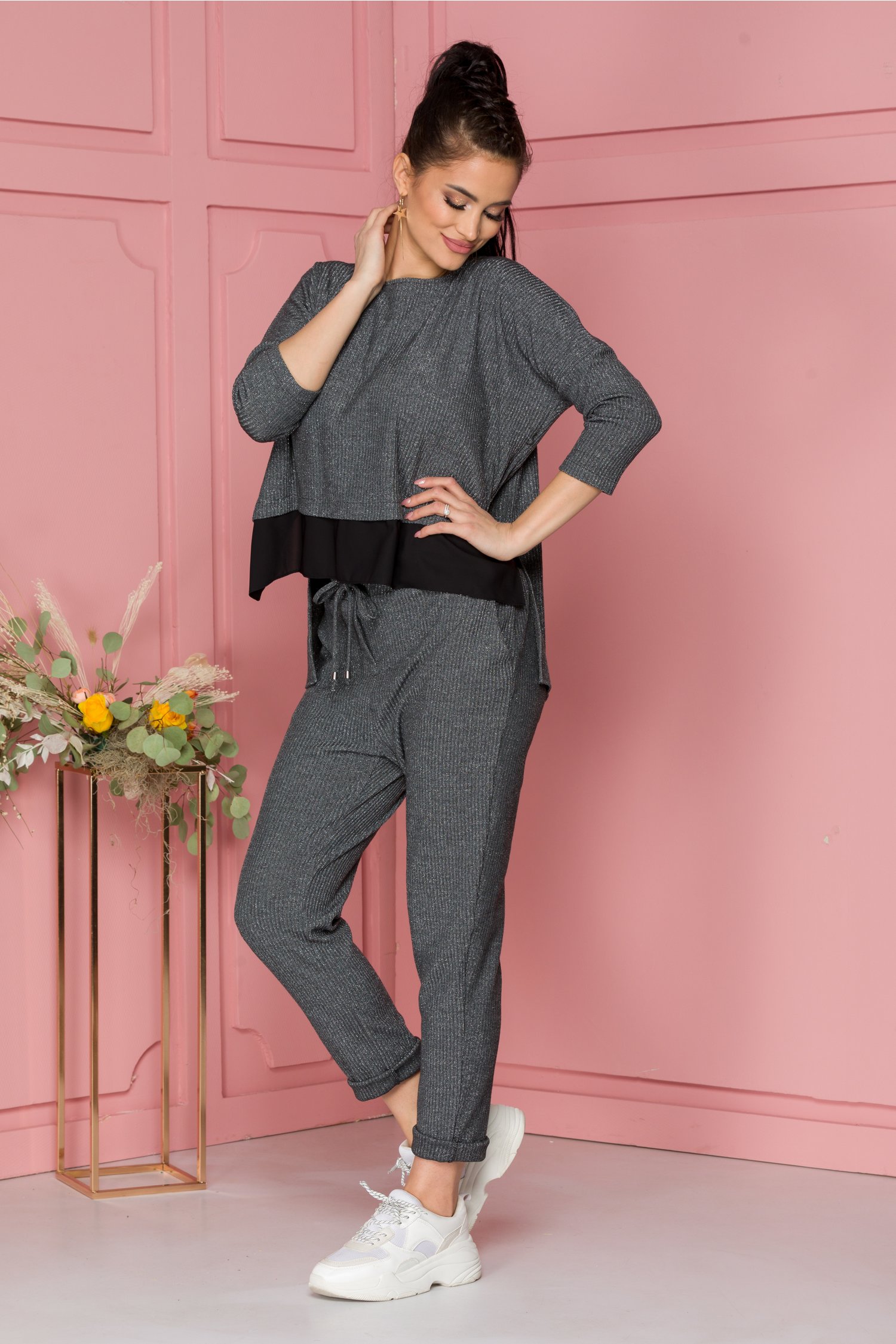 Compleu gri antracit tricotat cu bluza si pantaloni