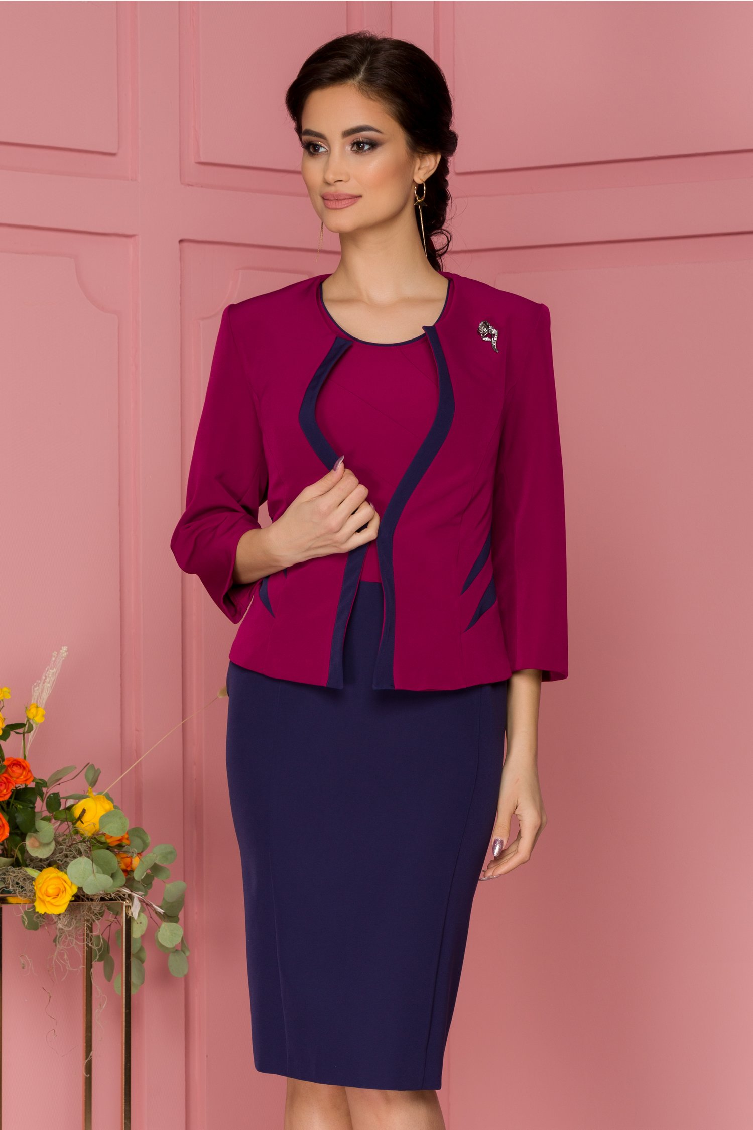 Compleu gyana bordo cu bleumarin cu rochie si sacou