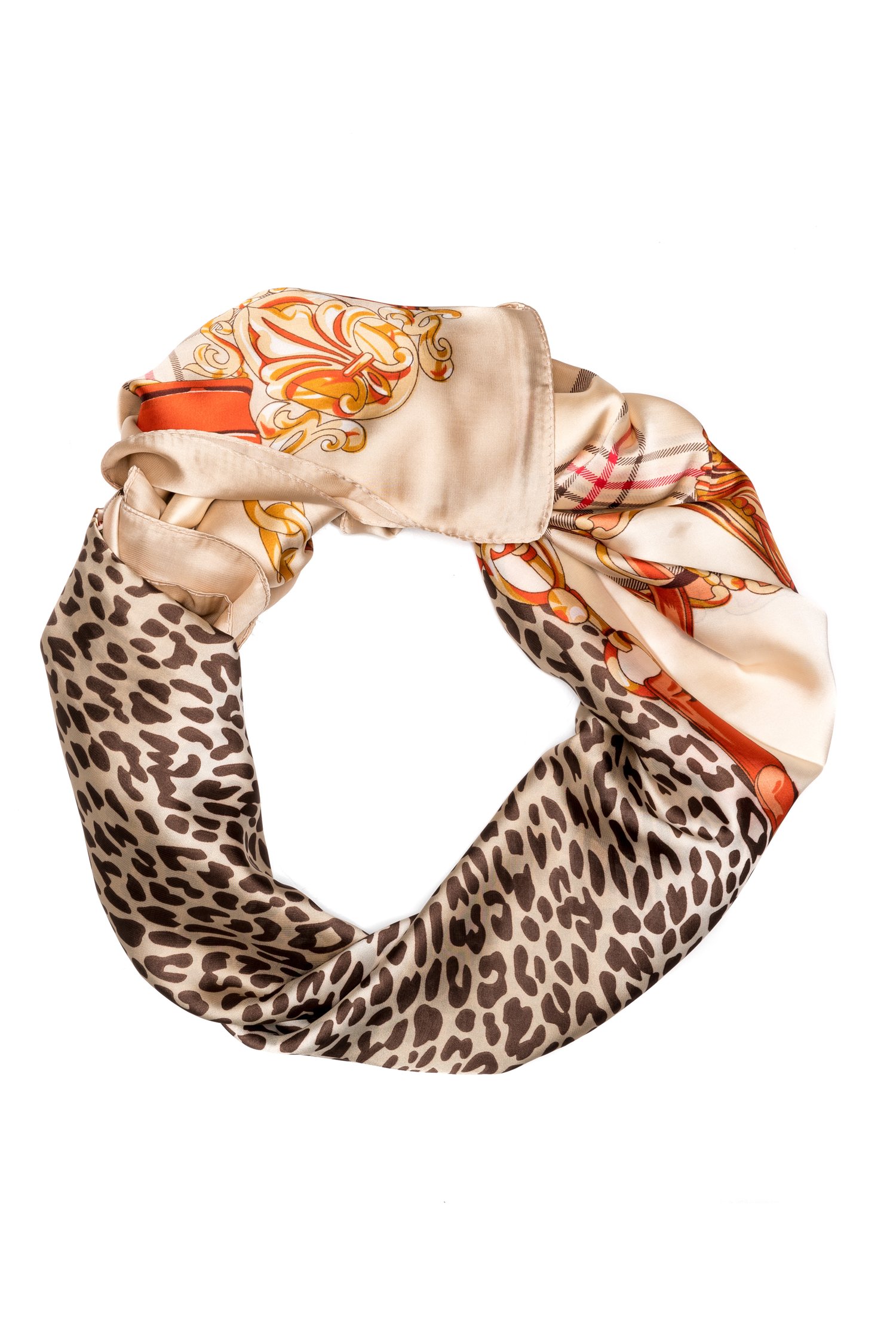 Esarfa bej cu animal print si carouri