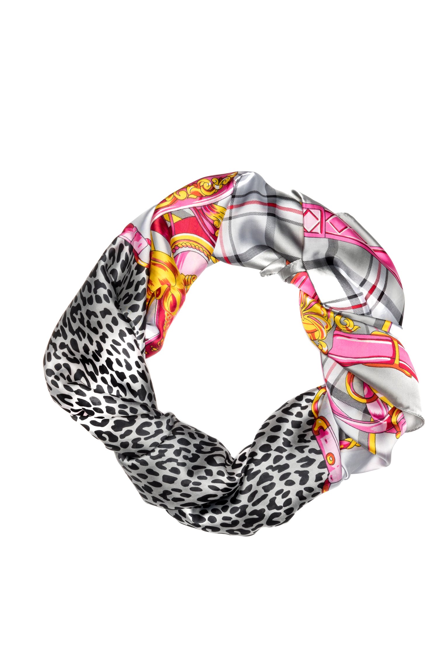 Esarfa cu animal print gri si detalii roz
