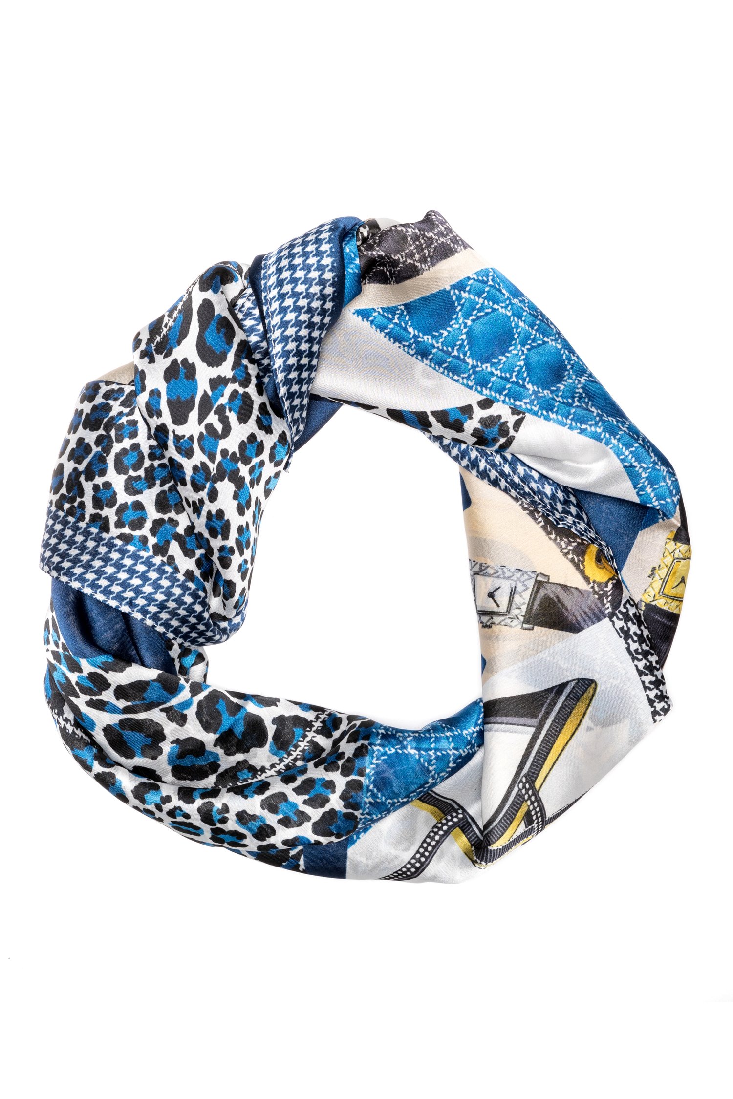 Esarfa gri cu animal print albastru si detalii fashion
