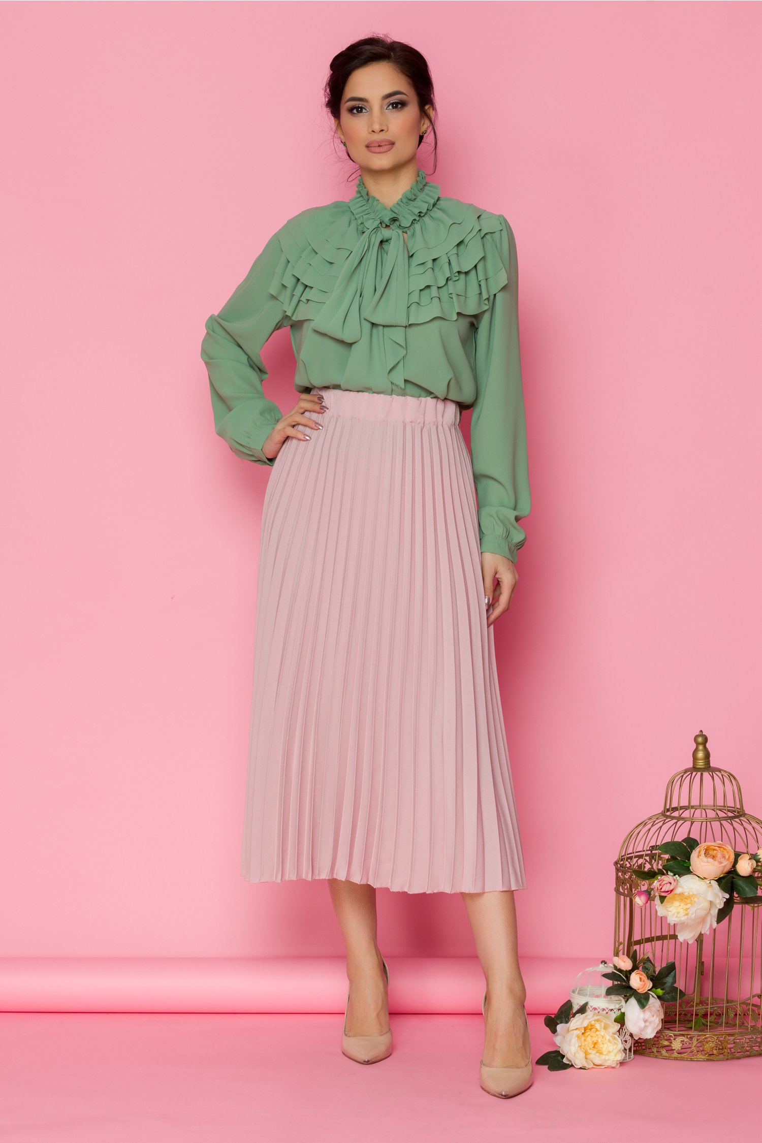 Fusta Besty midi roz cu pliuri si elastic lat in talie