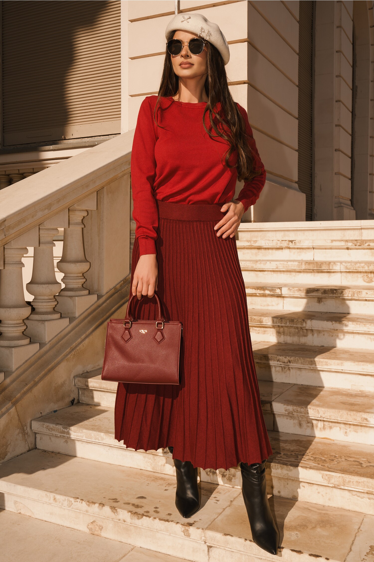 Fusta casual midi din tricot reiat bordo cu elastic in talie