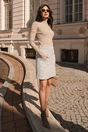 Fusta DY Fashion bej din tweed cu perle la buzunare