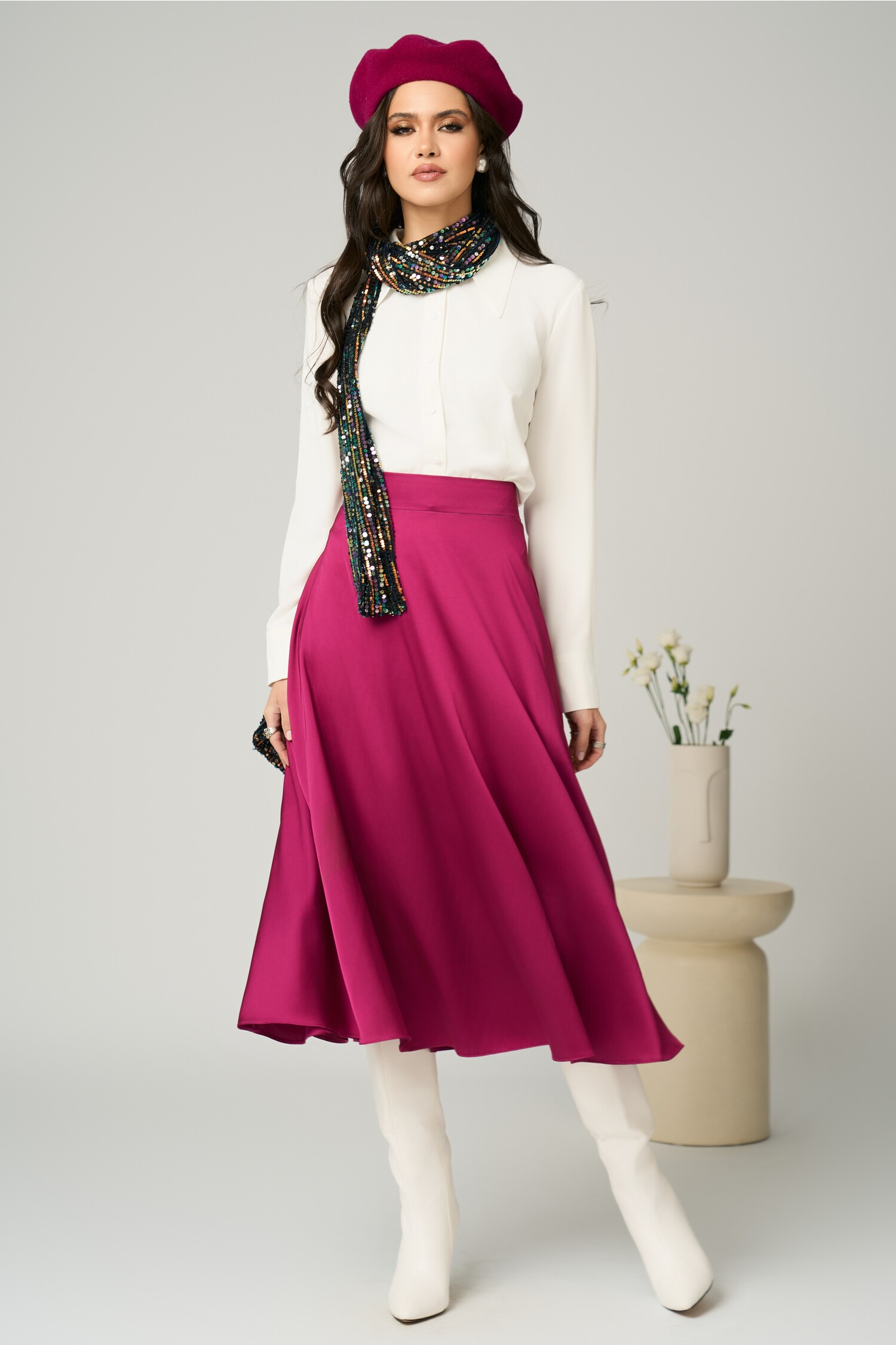 Fusta DY Fashion eleganta midi din satin fucsia