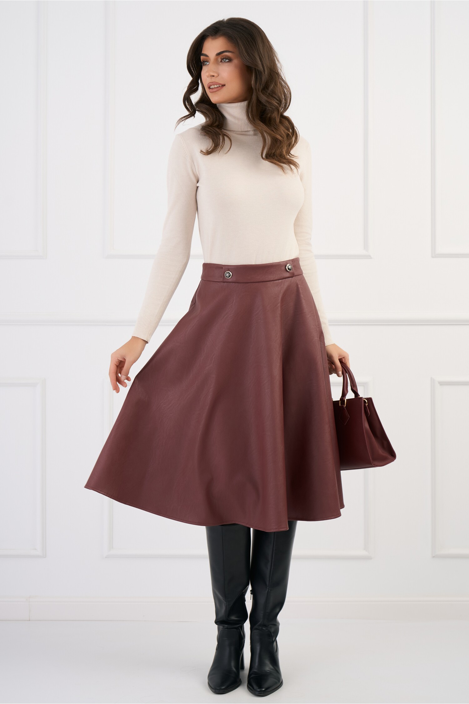 Fusta DY Fashion midi clos din piele ecologica burgundy cu nasturi in talie