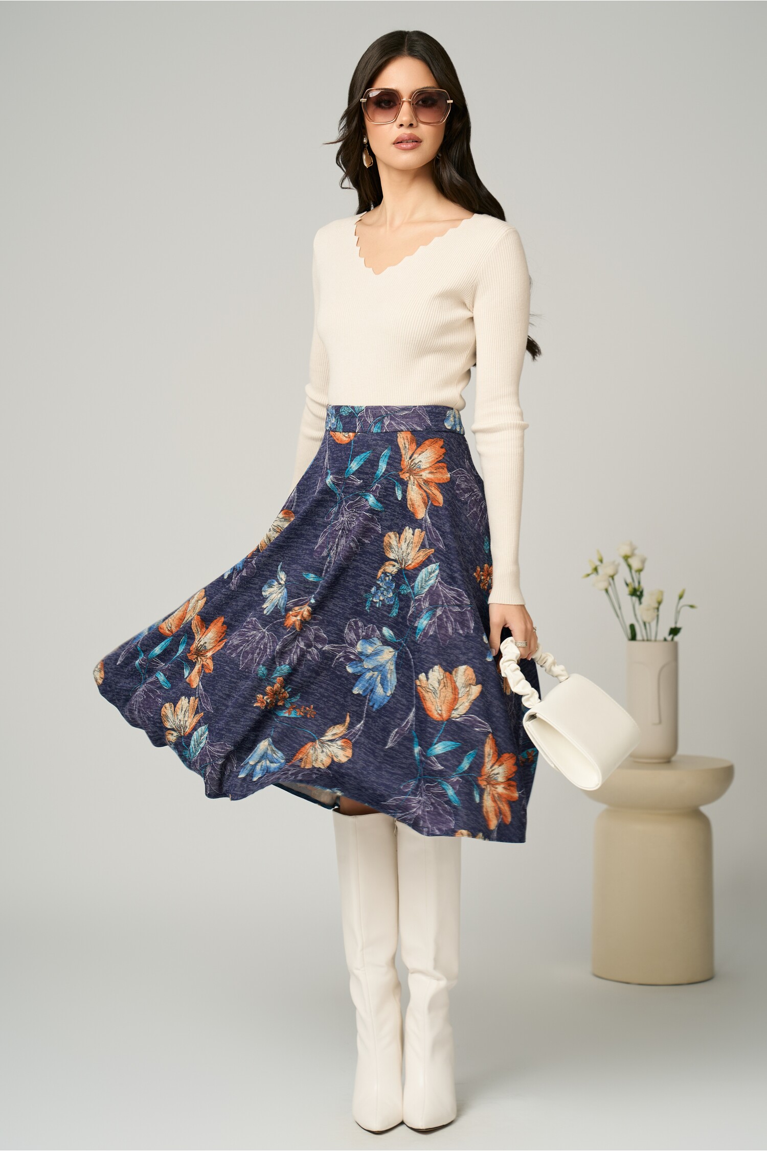 Fusta DY Fashion midi office din jerse bleumarin cu imprimeu floral