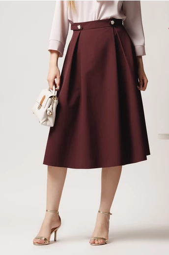 Fusta DY Fashion midi office din stofa bordo cu nasturi pe talie