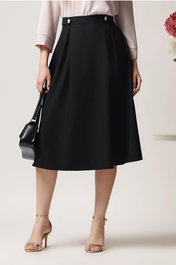 Fusta DY Fashion midi office din stofa neagra cu nasturi pe talie