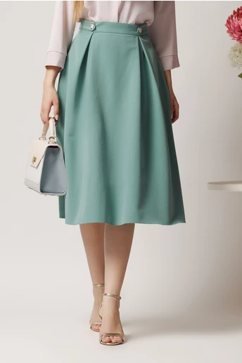 Fusta DY Fashion midi office din stofa verde cu nasturi pe talie