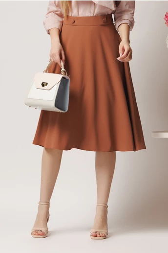 Fusta DY Fashion midi office din triplu voal maro cu nasturi pe talie