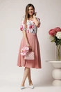 Fusta DY Fashion midi office din triplu voal roz cu nasturi pe talie
