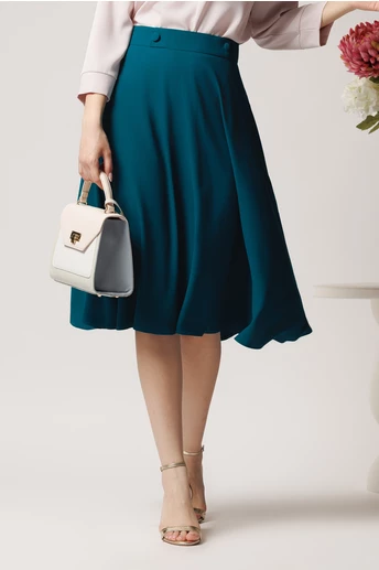 Fusta DY Fashion midi office din triplu voal turcoaz cu nasturi pe talie