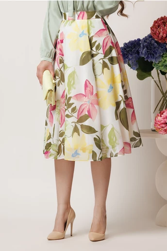 Fusta DY Fashion midi vaporoasa din voal alba cu flori verzi si roz