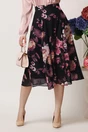Fusta DY Fashion midi vaporoasa din voal neagra cu flori roz