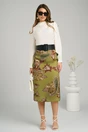 Fusta DY Fashion midi din satin verde fistic cu imprimeu maro