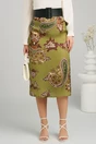 Fusta DY Fashion midi din satin verde fistic cu imprimeu maro
