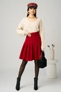 Fusta DY Fashion office din stofa rosie cu pliuri si curea in talie