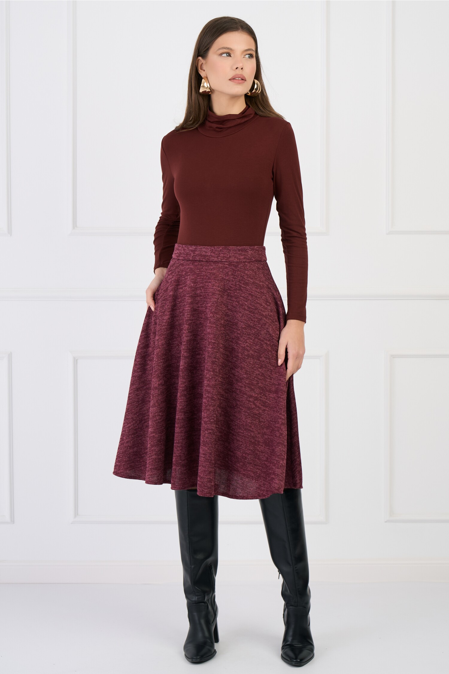 Fusta DY Fashion office midi din tricot burgundy cu buzunare