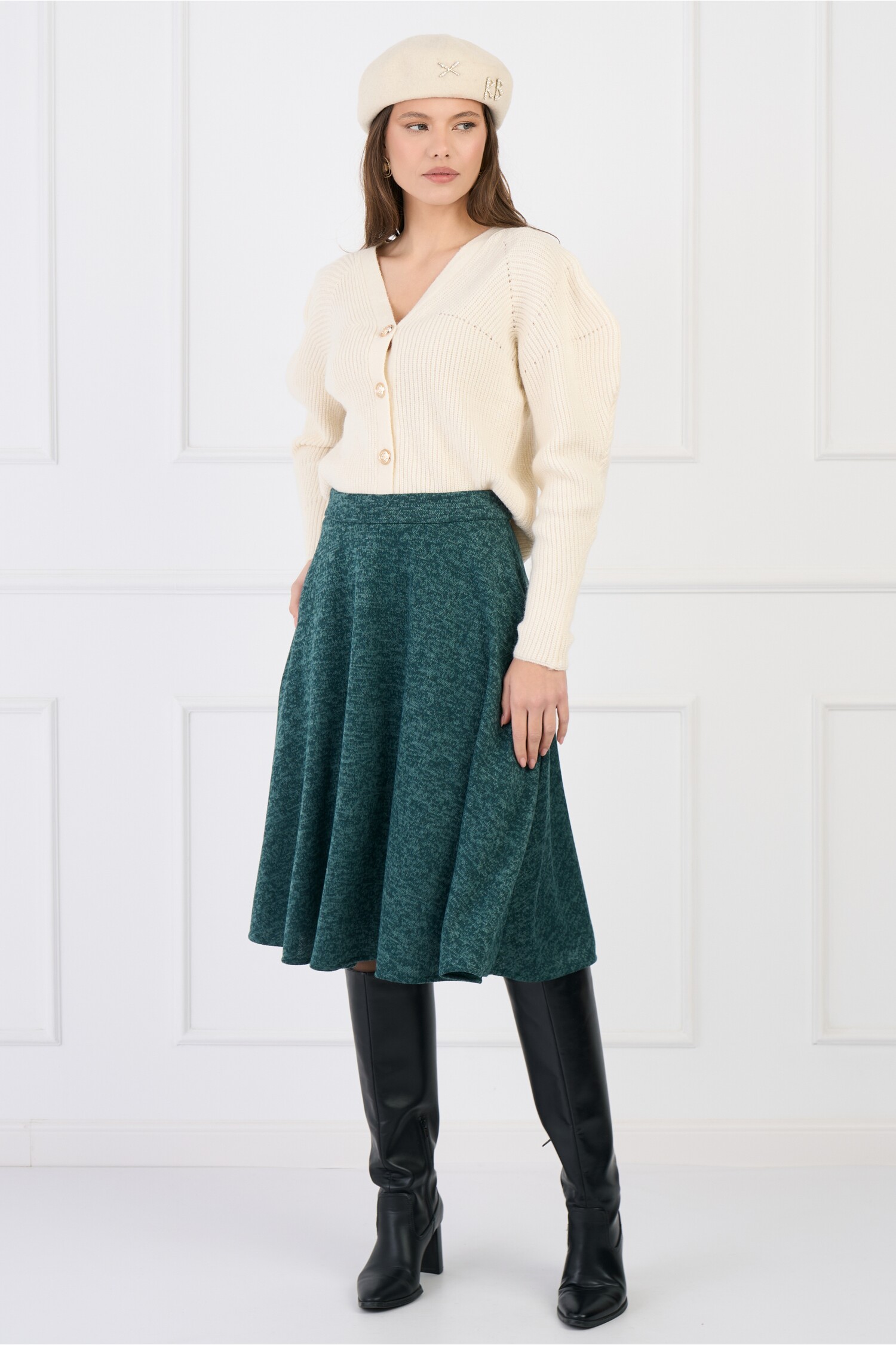 Fusta DY Fashion office midi din tricot verde cu buzunare