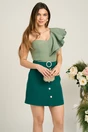 Fusta DY Fashion scurta din stofa verde cu nasturi si curea in talie