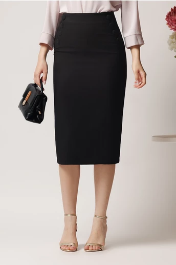 Fusta LaDonna midi office din stofa neagra cu nasturi decorativi