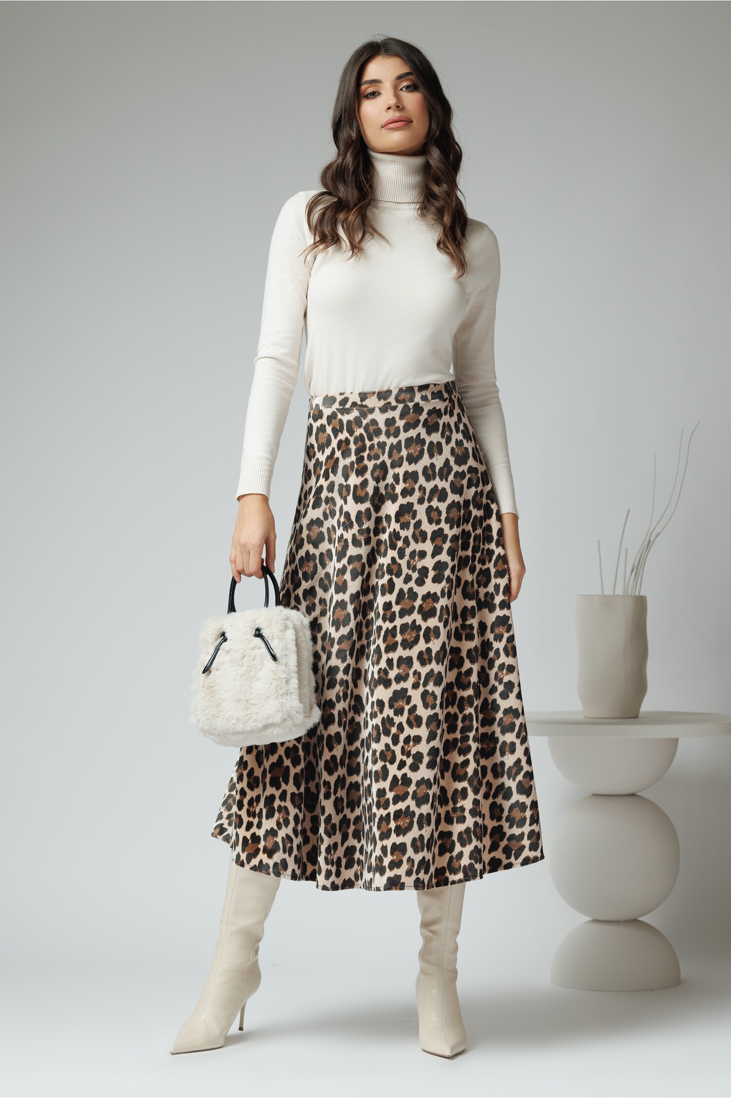 Fusta midi casual din catifea bej cu animal print maro