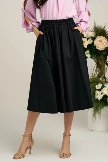 Fusta midi din bumbac neagra cu elastic in talie si buzunare functionale