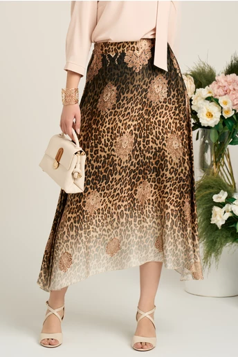 Fusta midi din voal animal print cu baza asimetrica