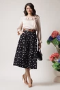 Fusta midi office din bumbac neagra cu buline si curea in talie