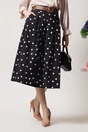 Fusta midi office din bumbac neagra cu buline si curea in talie