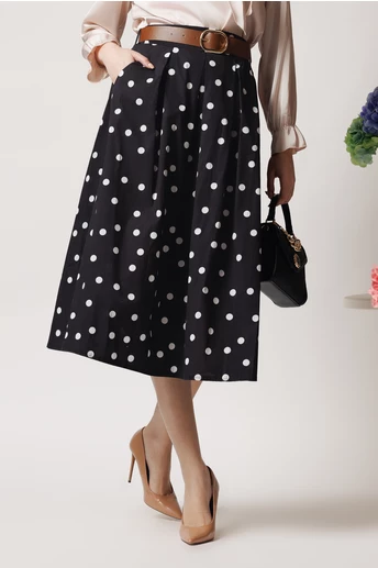 Fusta midi office din bumbac neagra cu buline si curea in talie