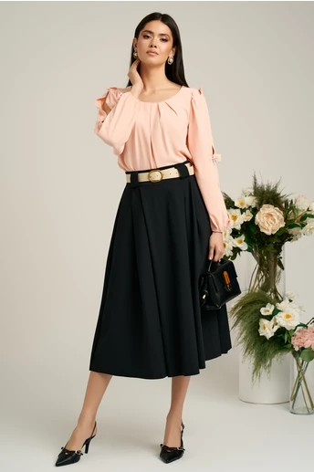 Fusta midi office din bumbac neagra cu pliuri si curea